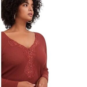 Torrid Burgundy Waffle Knit Lace Trim Long Sleeve Top Plus Size 1